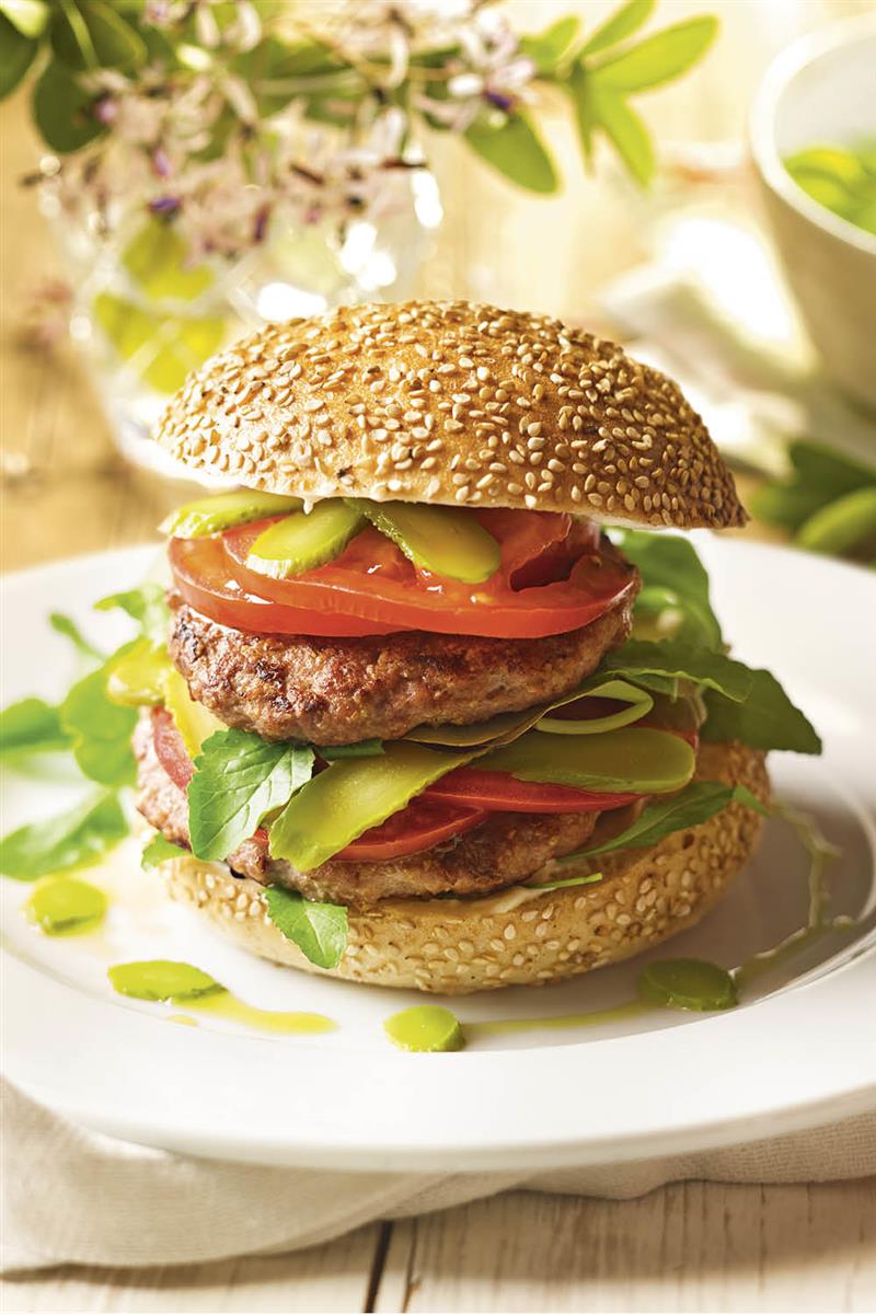 beef burger with tomato pickles