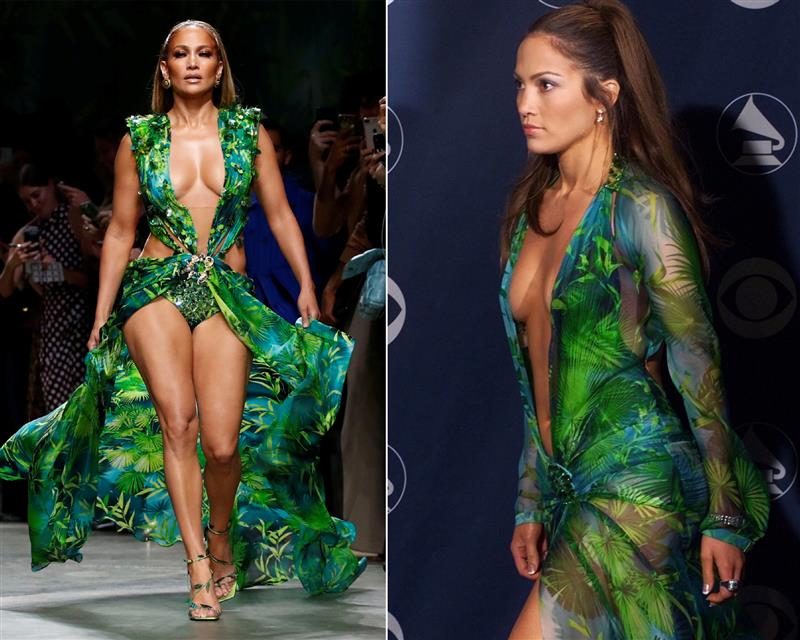 Jennifer Lopez con su icónico vestido de Versace jungle dress
