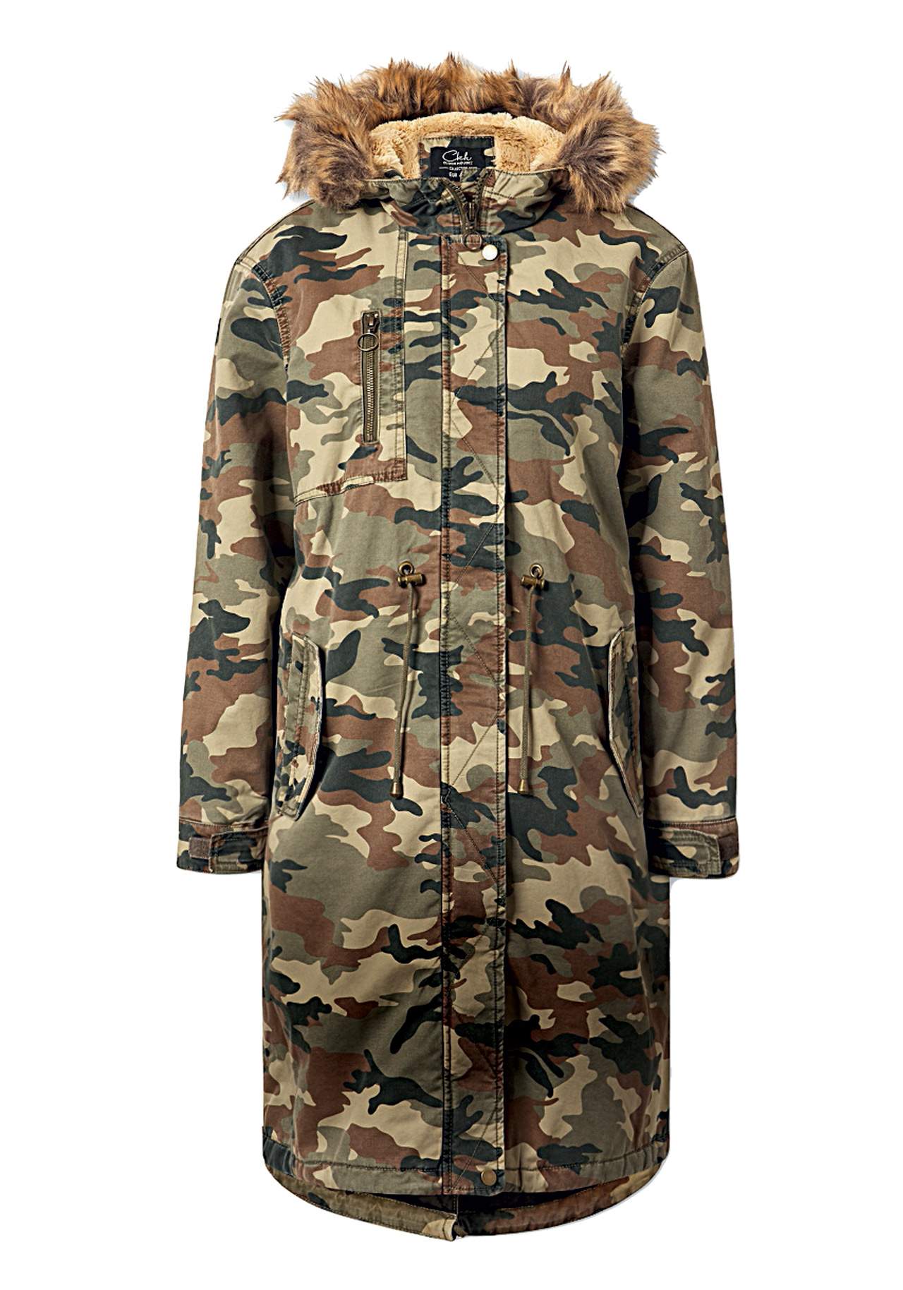 Estilo militar: capucha peluda abrigos gustosos Camuflaje, de C&A, 49,90€