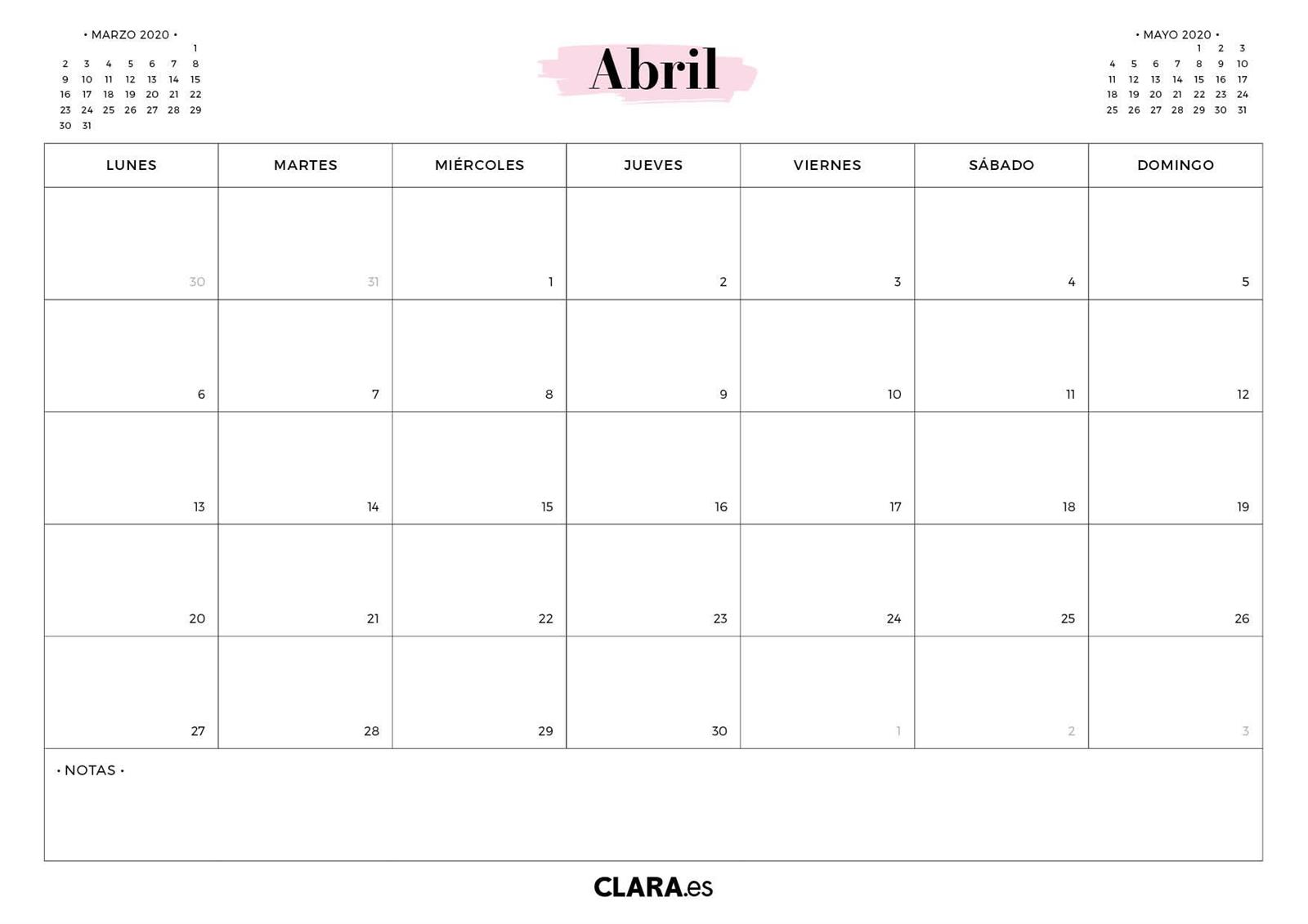 Calendario abril 2020 para imprimir en jpg