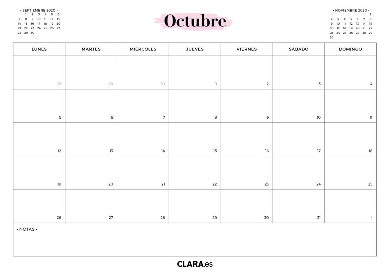 calendario octubre 2020