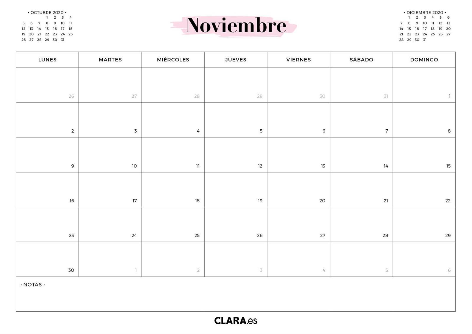 Calendario noviembre 2020 para imprimir en jpg