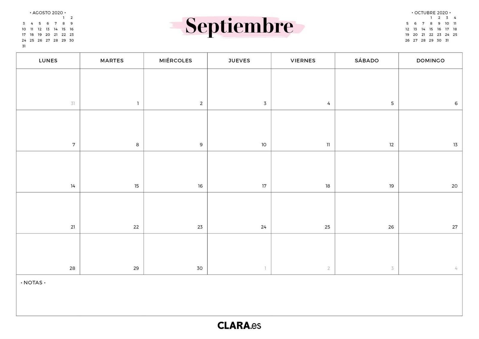 Calendario septiembre 2020 para imprimir en jpg