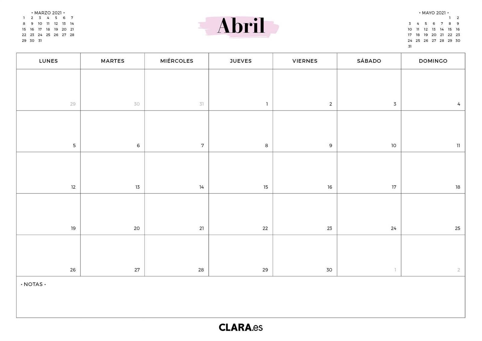 Calendario abril 2021 para imprimir jpg