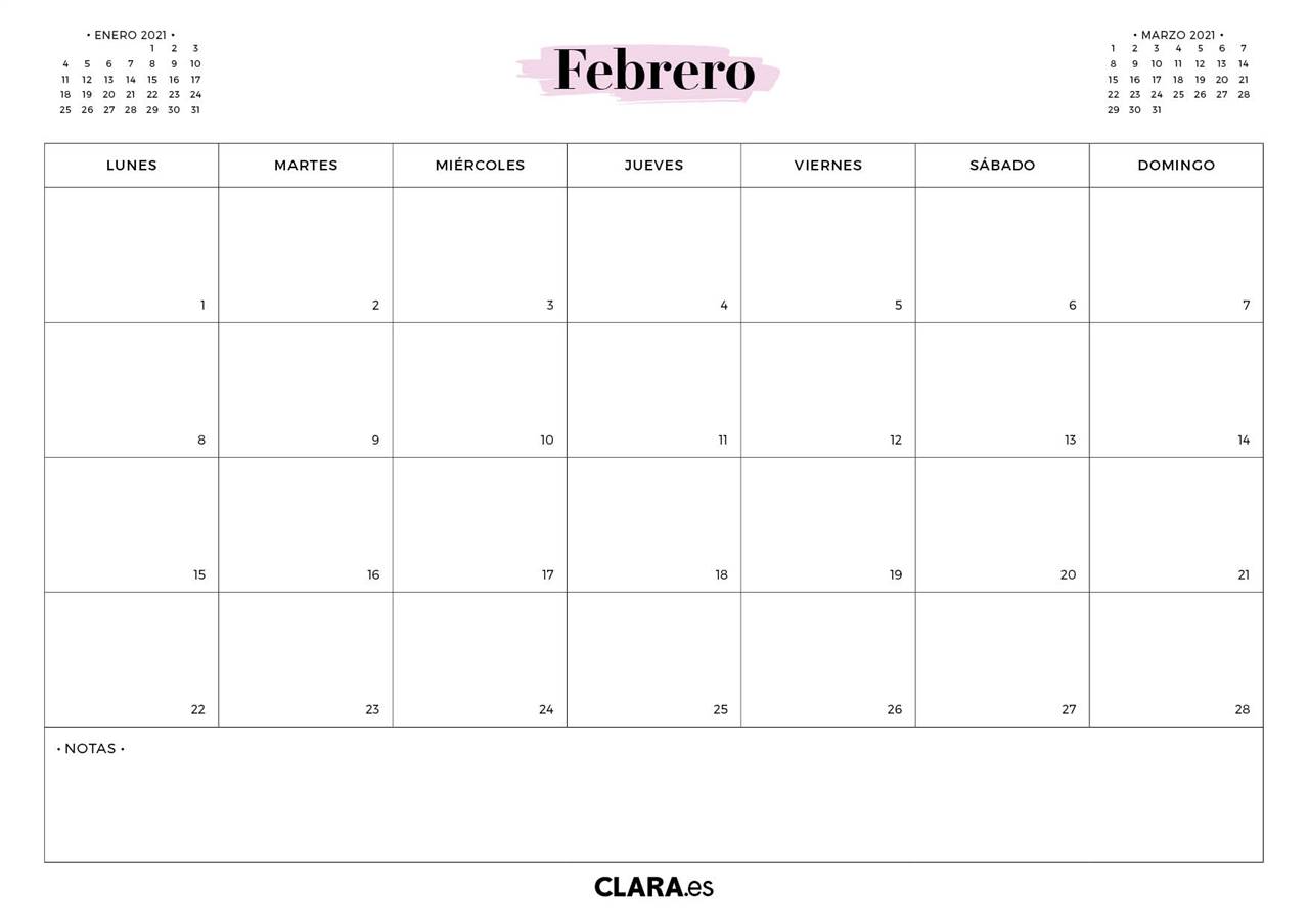 Calendario febrero 2021 para imprimir jpg