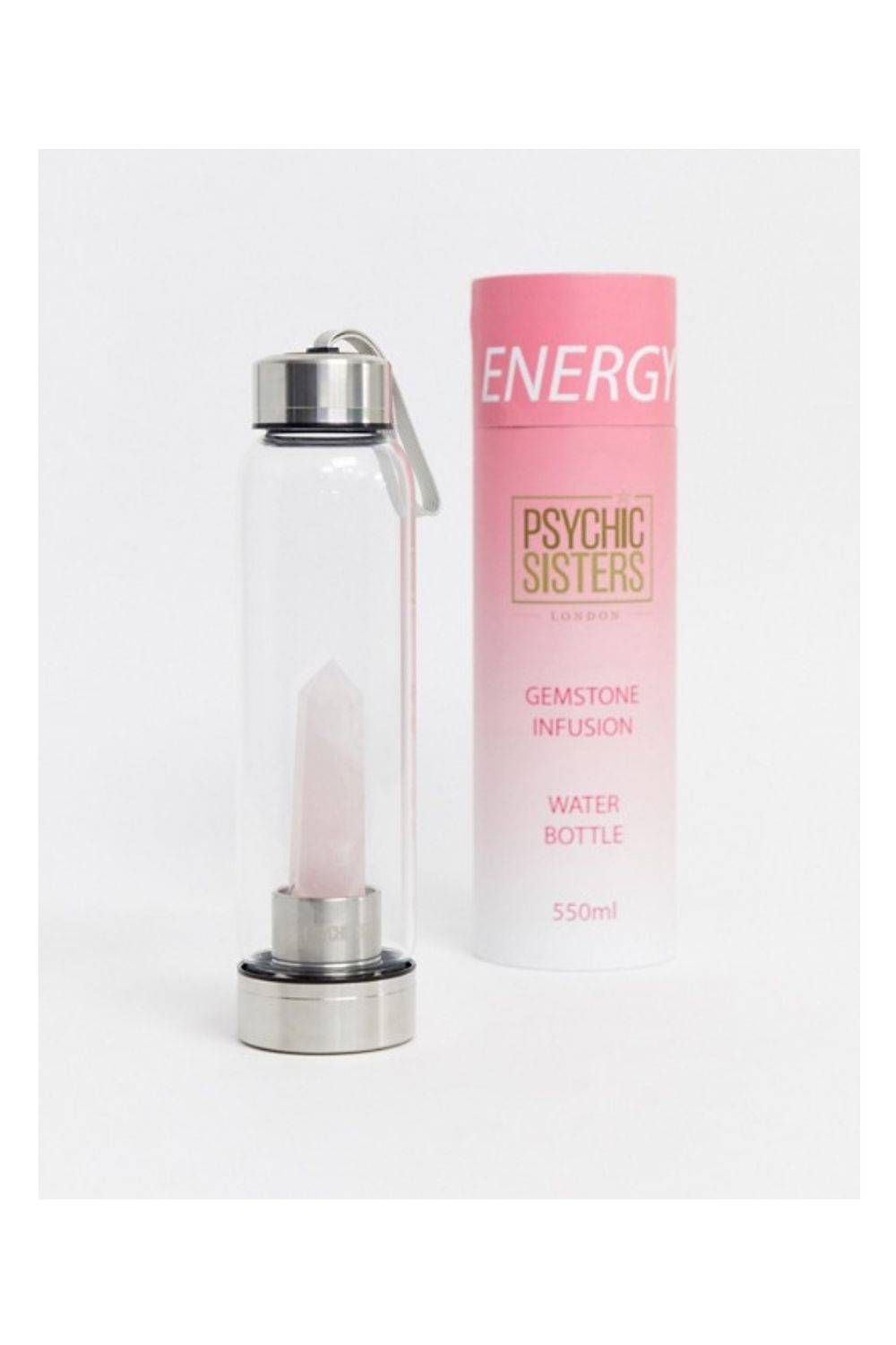 Botella de agua con cristal de cuarzo rosa de Psychic Sisters
