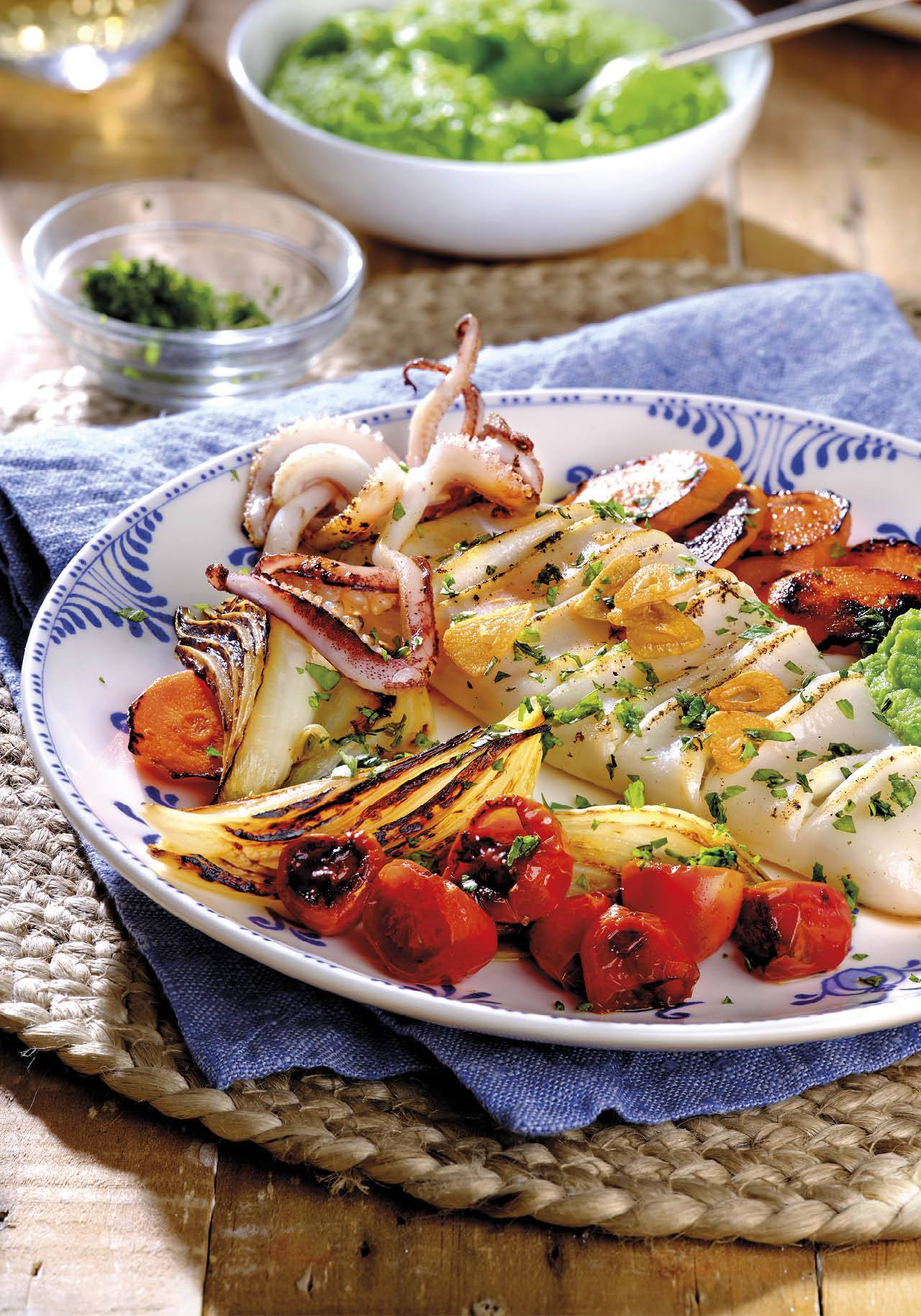 cenas saludables adelgazar verduras calamares plancha
