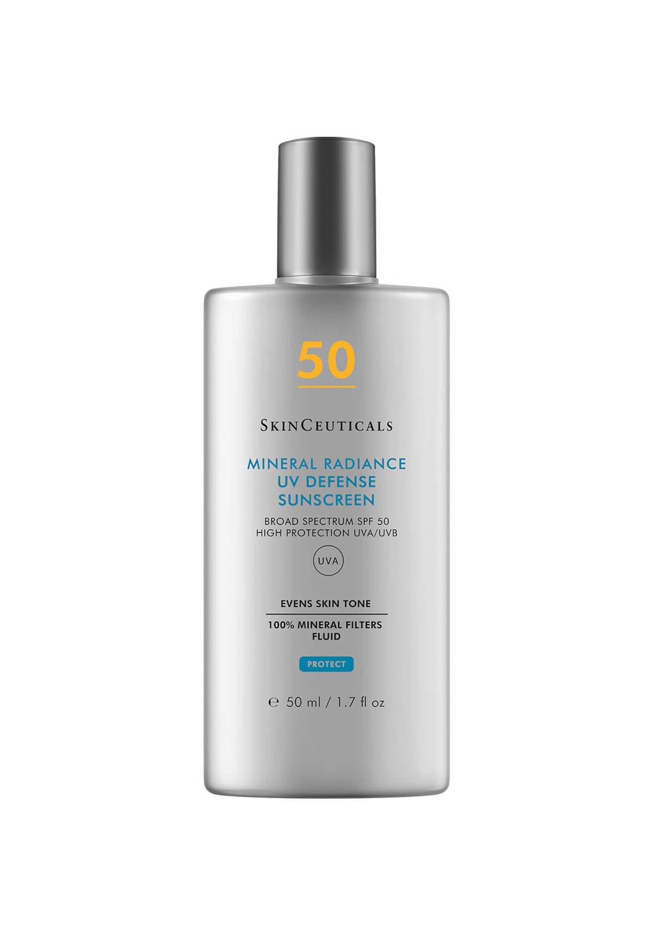 Cosmética piele sensible mujeres más de 40 años Protector solar Mineral Radiance UV Defense SPF 50 de SkinCeuticals