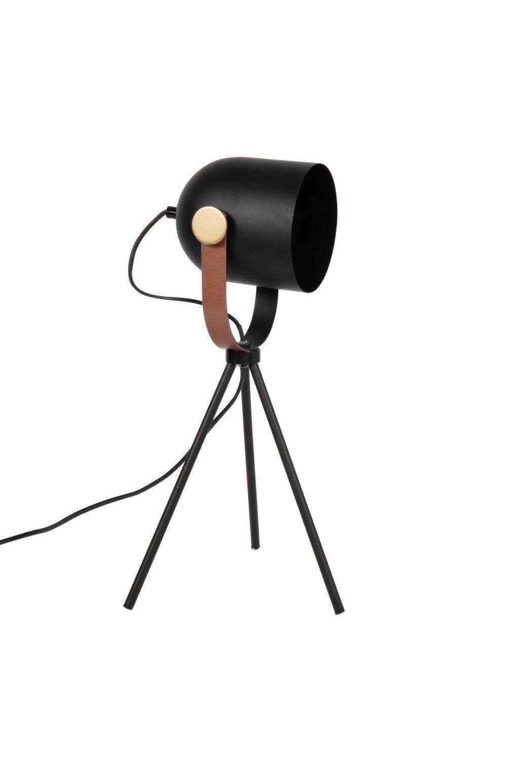 Lámpara proyector con trípode de metal negro, dorado y marrón