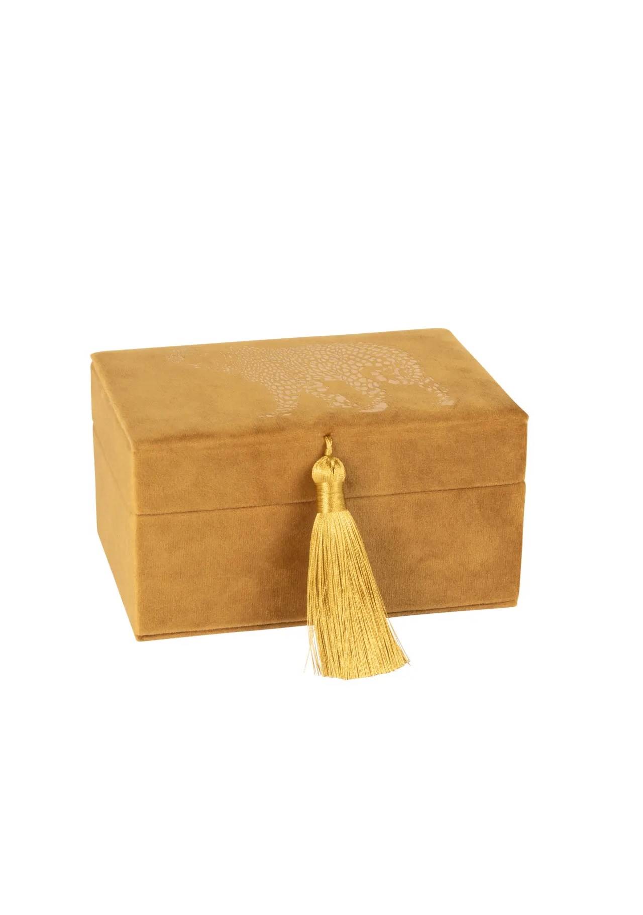 piezas deco baratas joyero de terciopelo amarillo mostaza Maisons du Monde, 14,99€