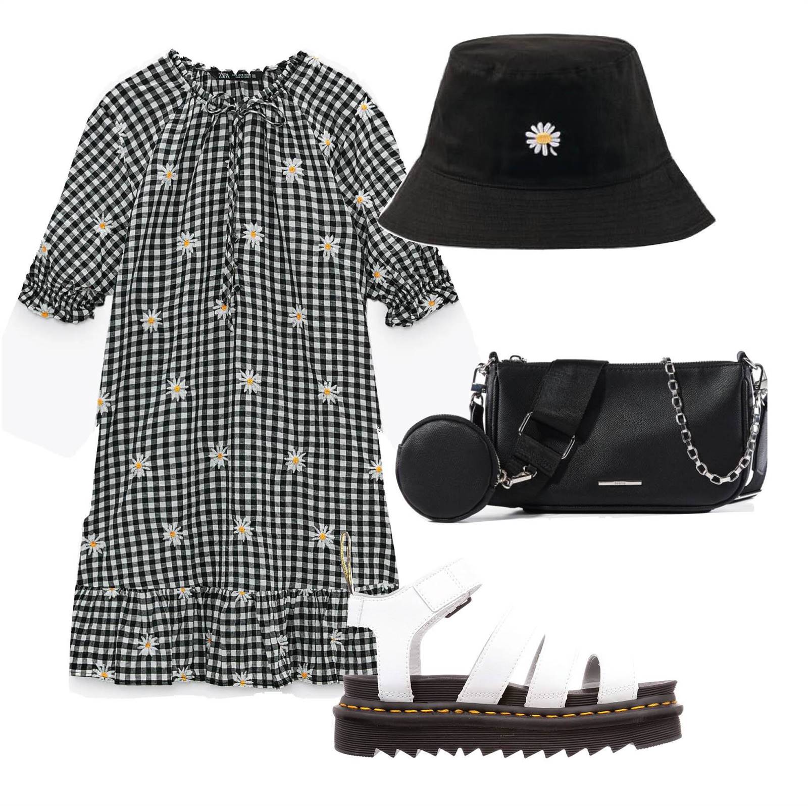 Look 2: Vestido babydoll de cuadros vichy y bucket hat