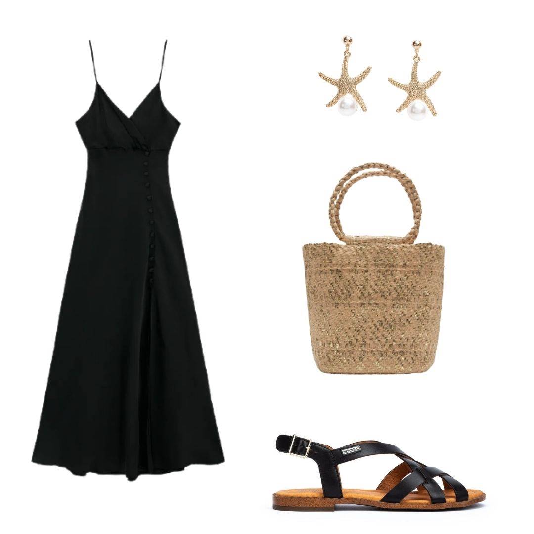 Look 1: vestido negro + sandalias planas