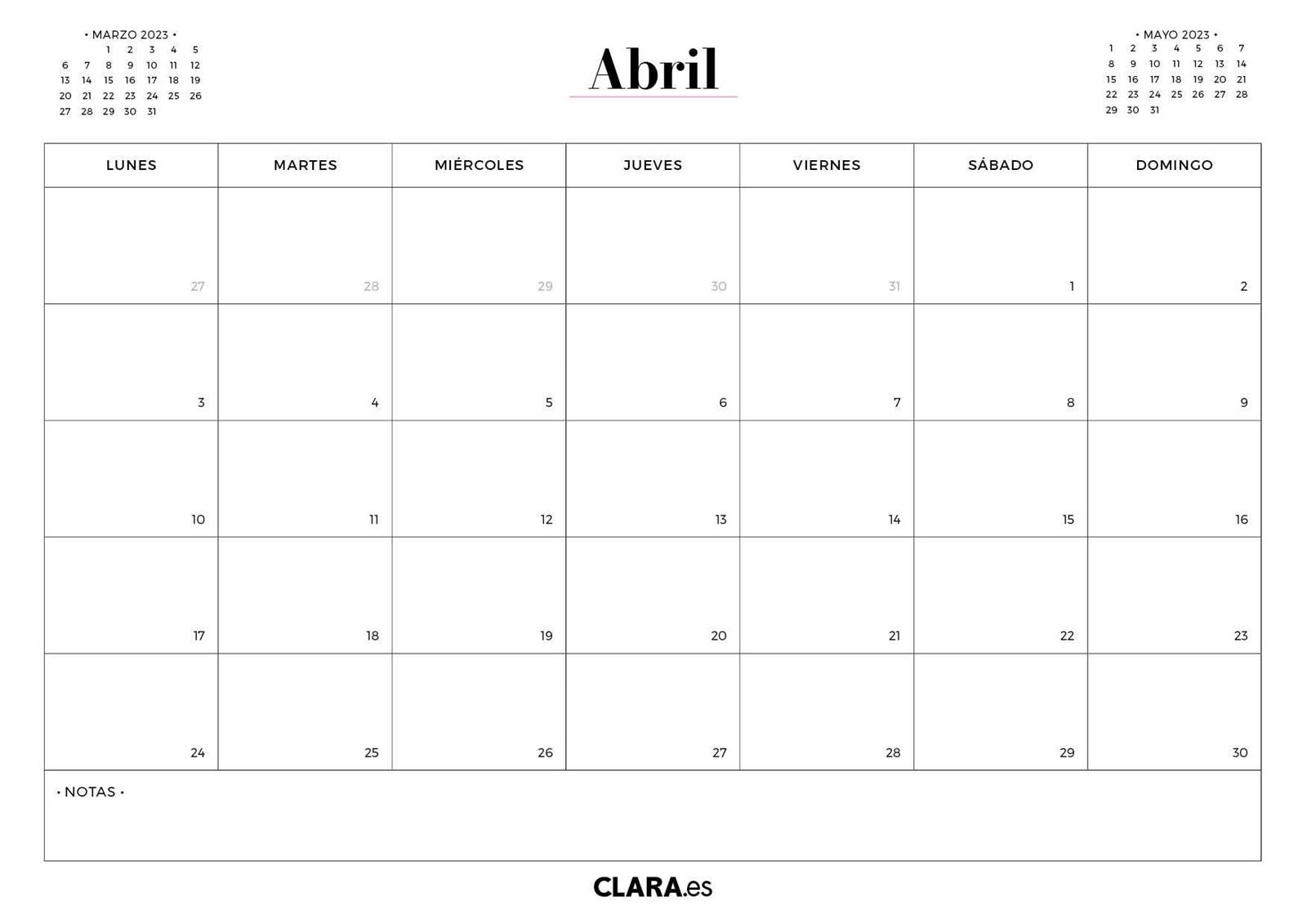 Calendario de abril 2023.