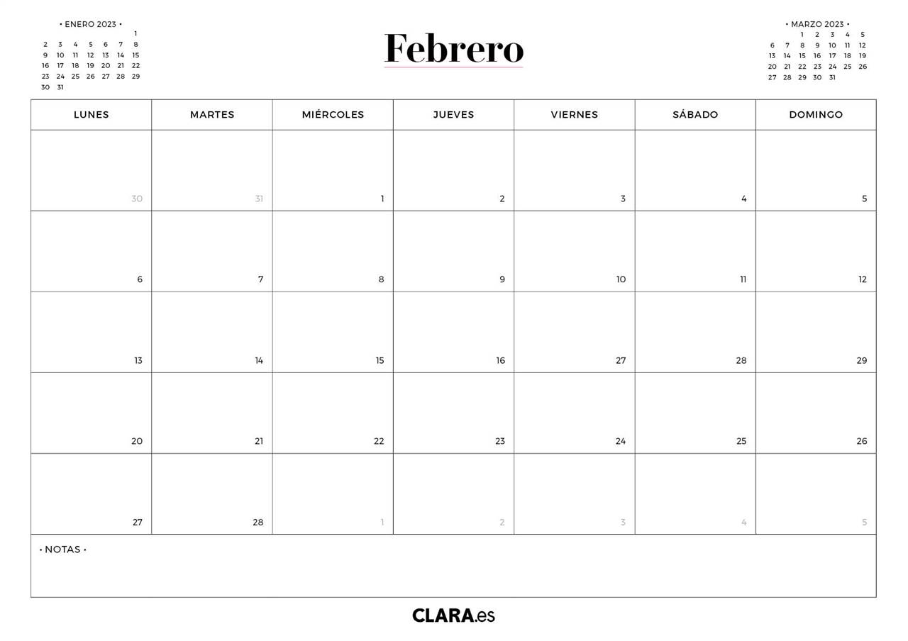 Calendario 2023 Por Mes Calendario FEBRERO 2023 para imprimir en jpg y pdf gratis