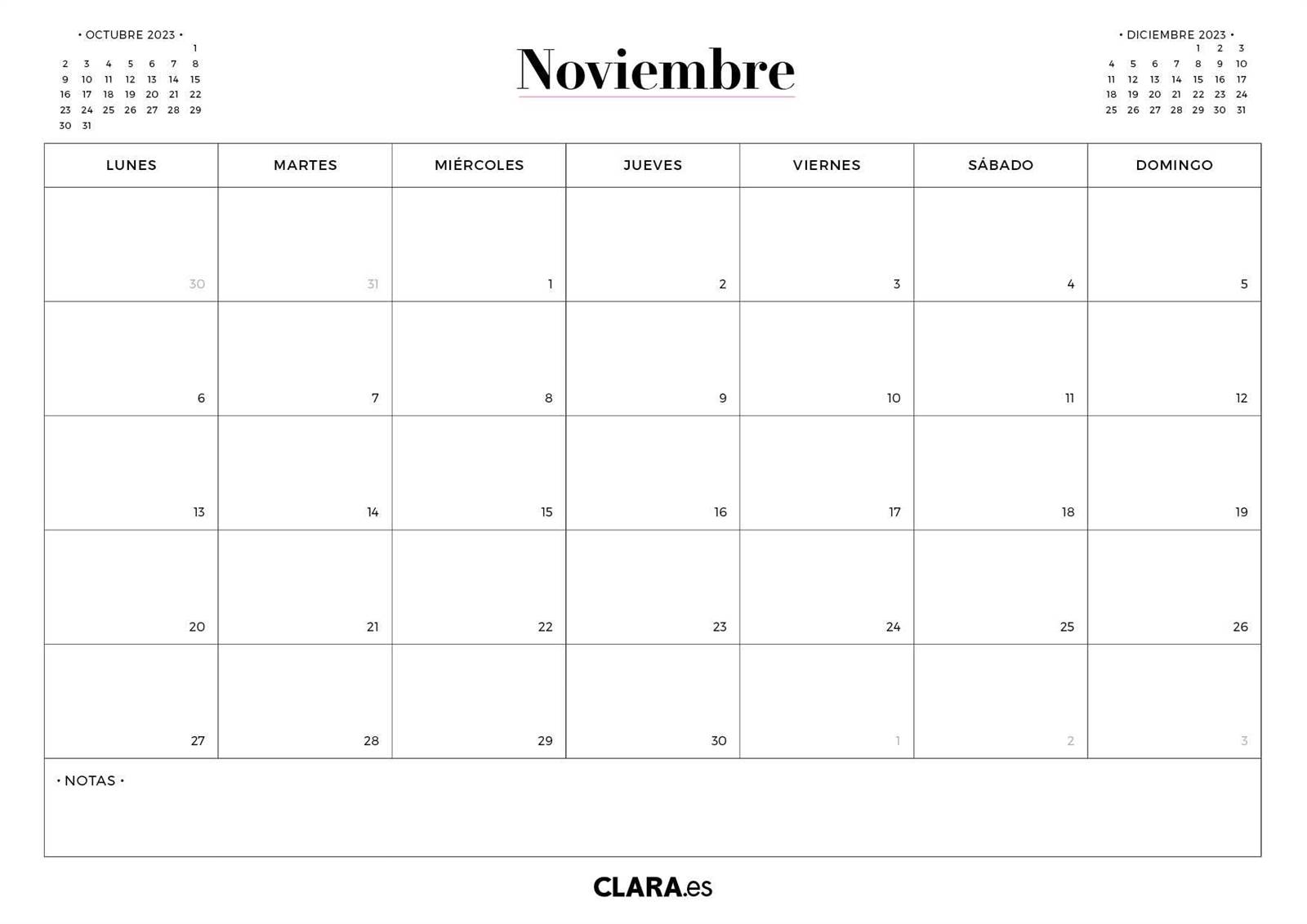 Calendario de noviembre 2023.