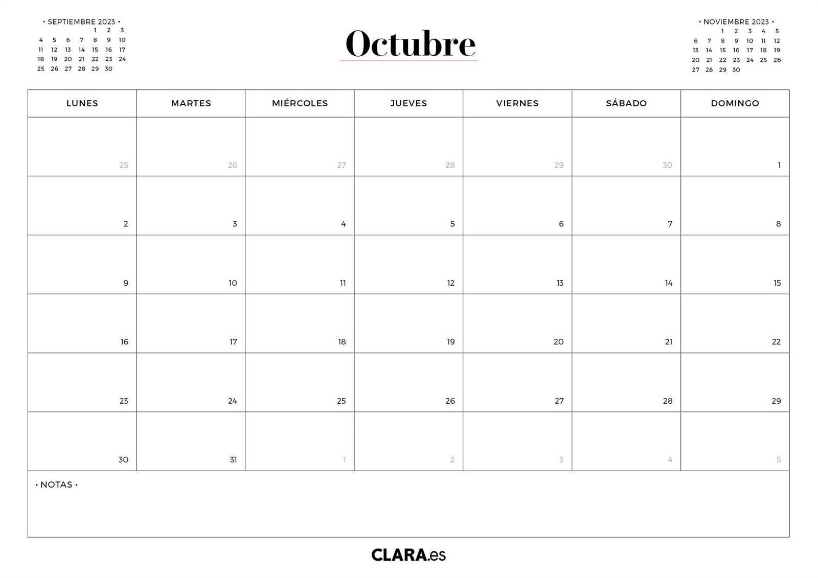 Calendario de octubre 2023. 