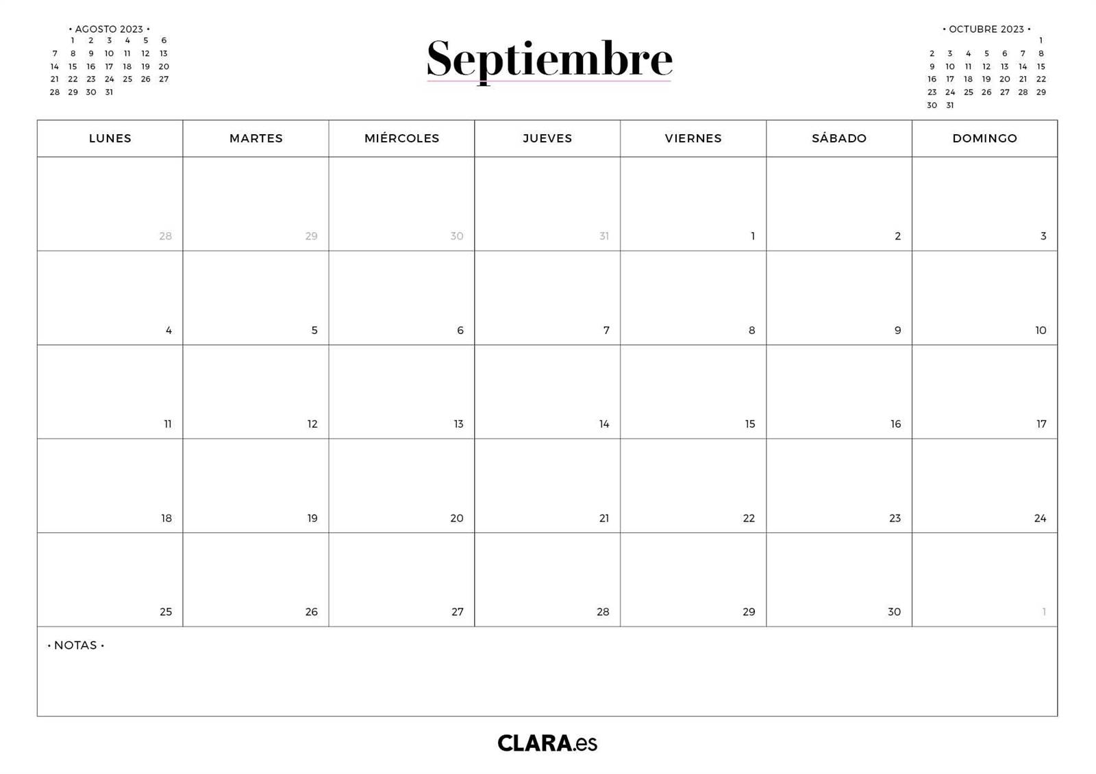 Calendario de septiembre 2023.