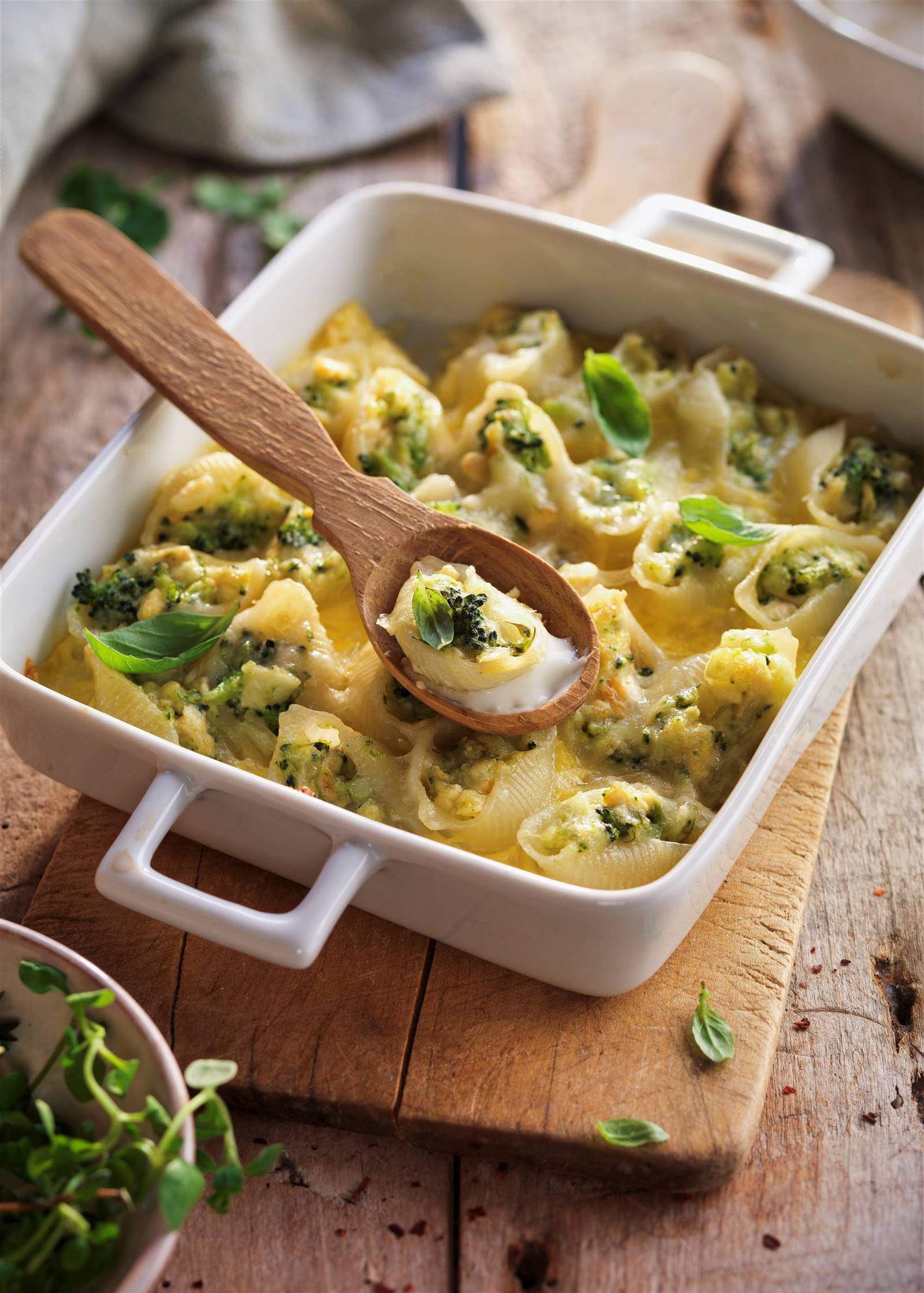 Recetas con brócoli: Conchas rellenas de pollo y brócoli con salsa de quesos