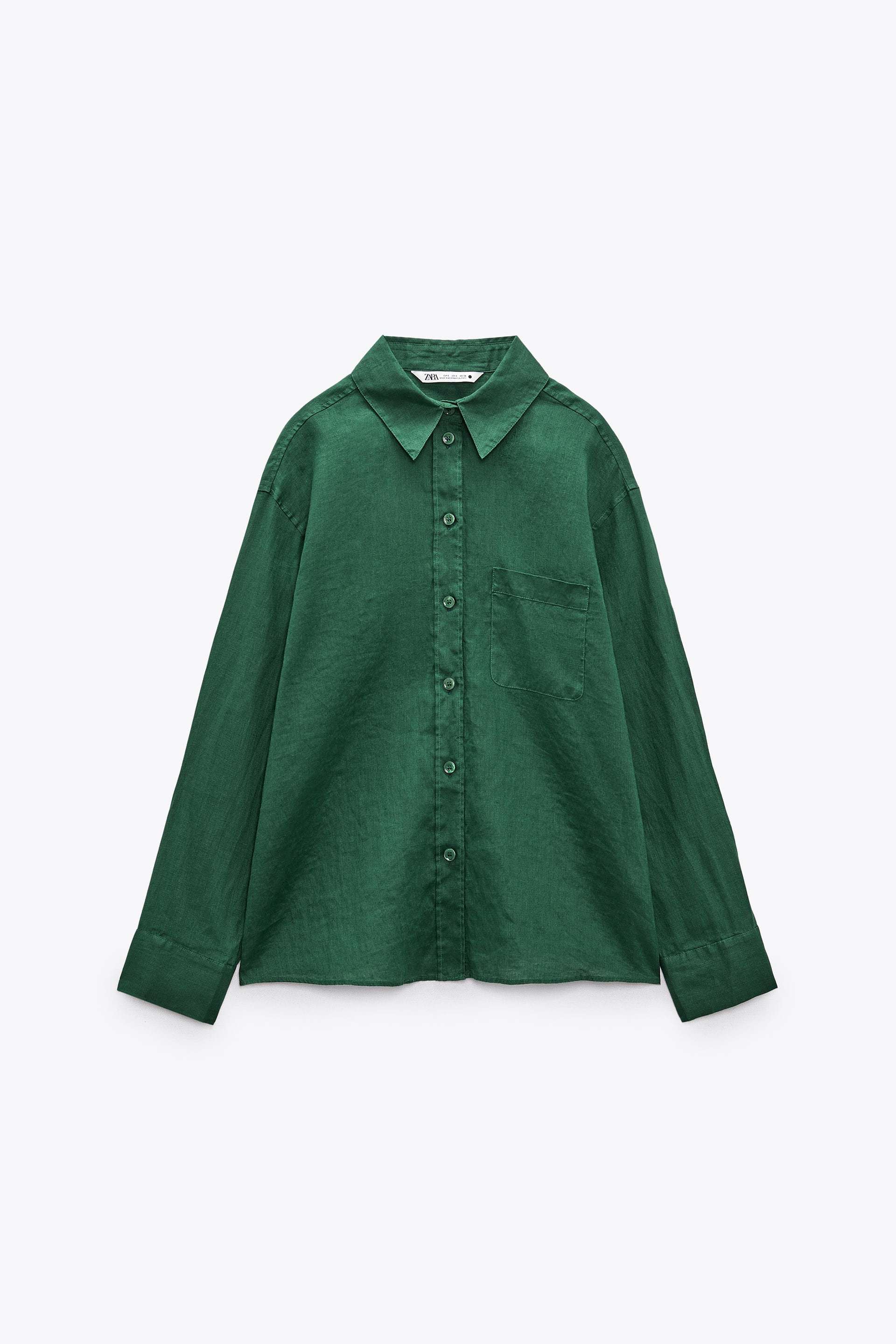 Camisa de lino verde con bolsillo de Zara