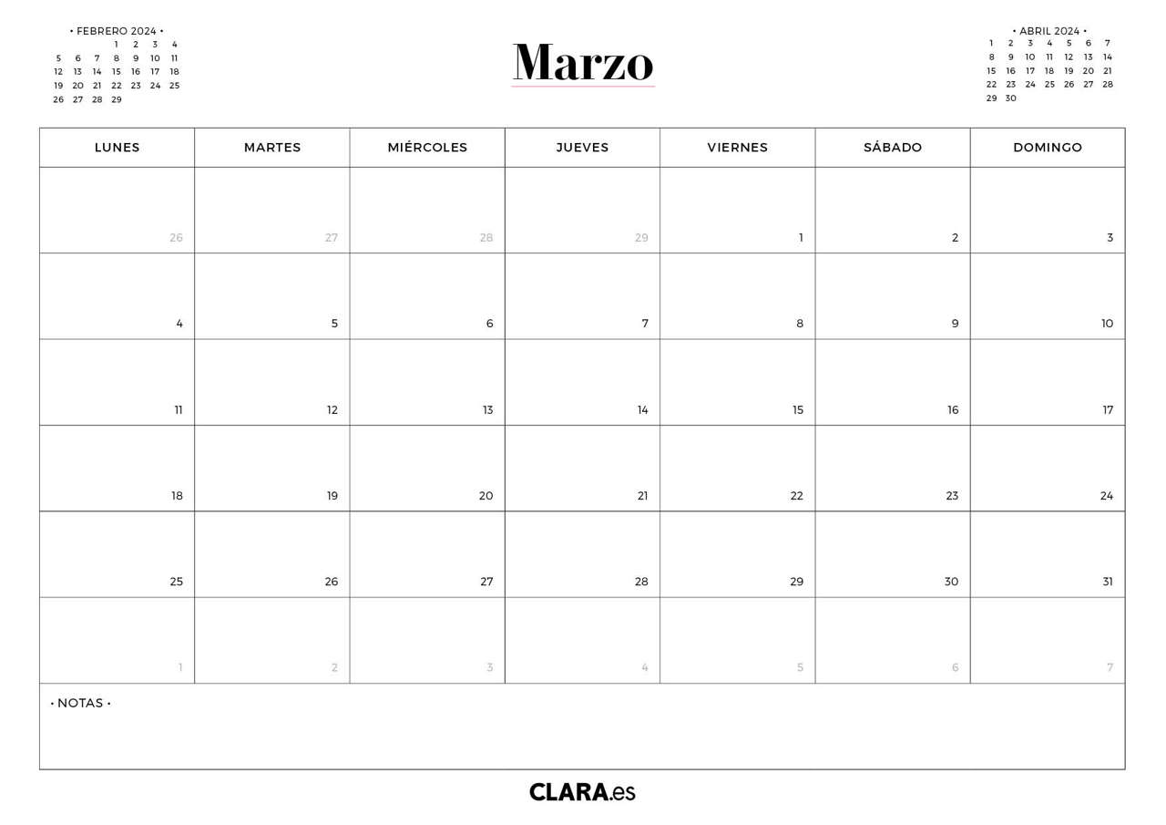 Calendario Marzo Calendario MARZO 2024 para imprimir: gratis en jpg y pdf y con diseño  sencillo y bonito