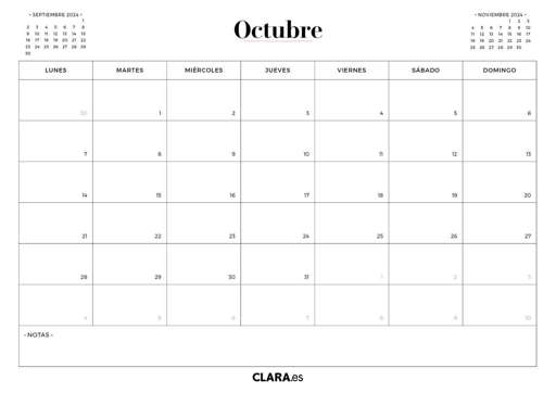 Octubre calendario 2024 imprimir jpg gratis descargar