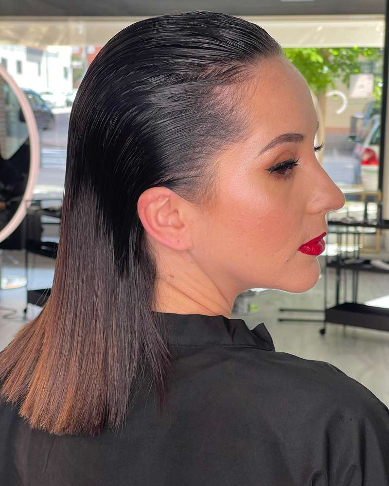 Wet effect hairstyles: half hair pulled back
